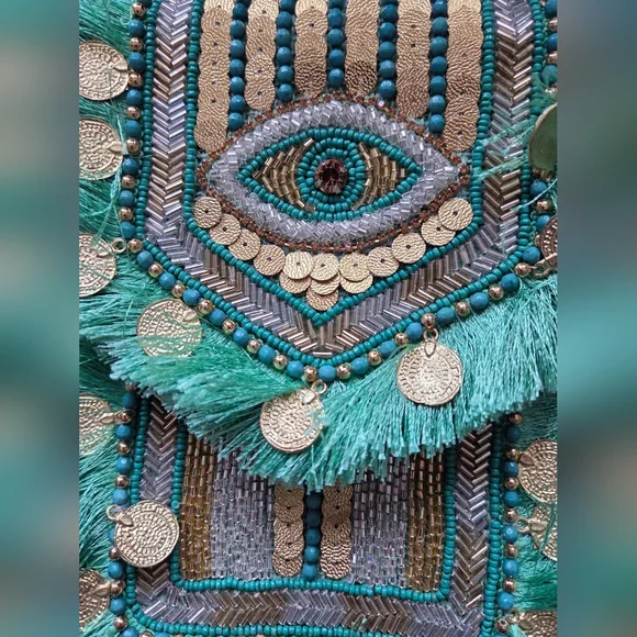 Antik Kraft - NEW Boho Evil Eye Beaded Crossbody Bag Coin Tassel Fringe - Picture 2 of 8